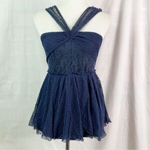 Free People Navy Blue Lace Halter Top Cutout Back Sm
